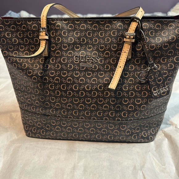 Guess Monogram Black and Tan Tote with Silver Hardware - Picture 3 of 6